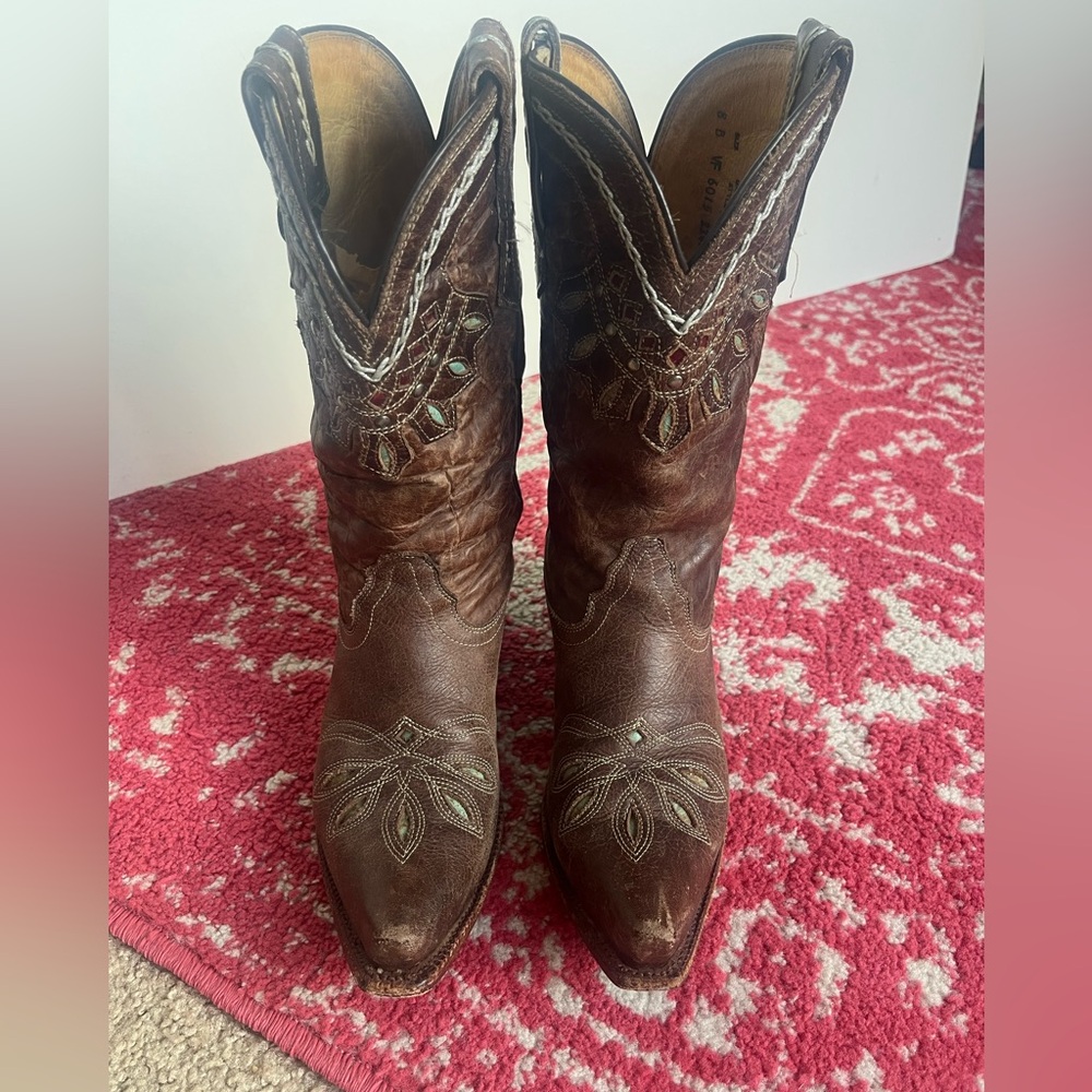 Tony Lama Brown & Turquoise Embroidered Leather Western Booties by - Picture 3 of 7